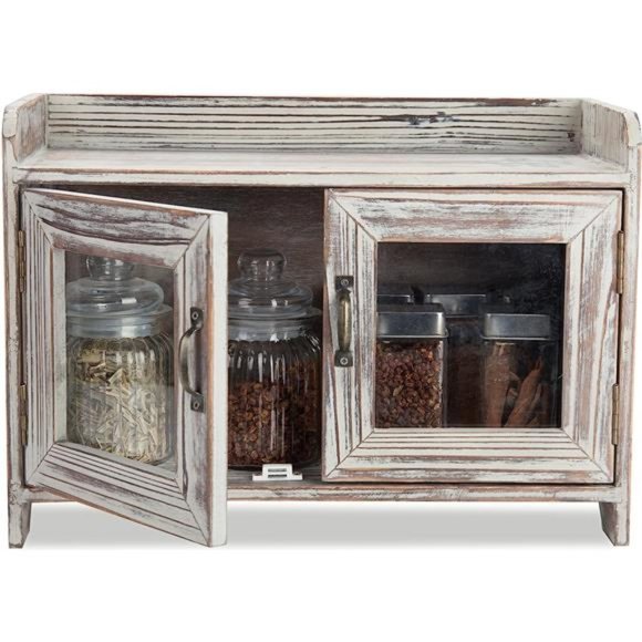 Solid Torched Wood Countertop Storage Cabinet with 2 Glass Window Doors - Picture 4 of 6